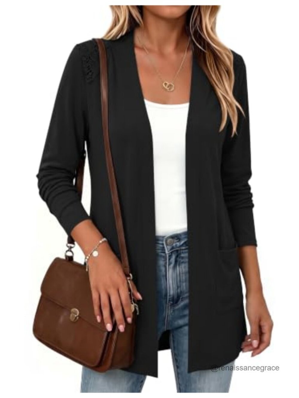 Womens Lightweight Open Front Cardigan Long Sleeve Lace Shoulder Sweater